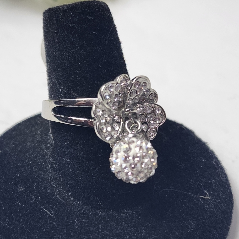 Silver Steel Flower with Pave Ball Crystal Ring
